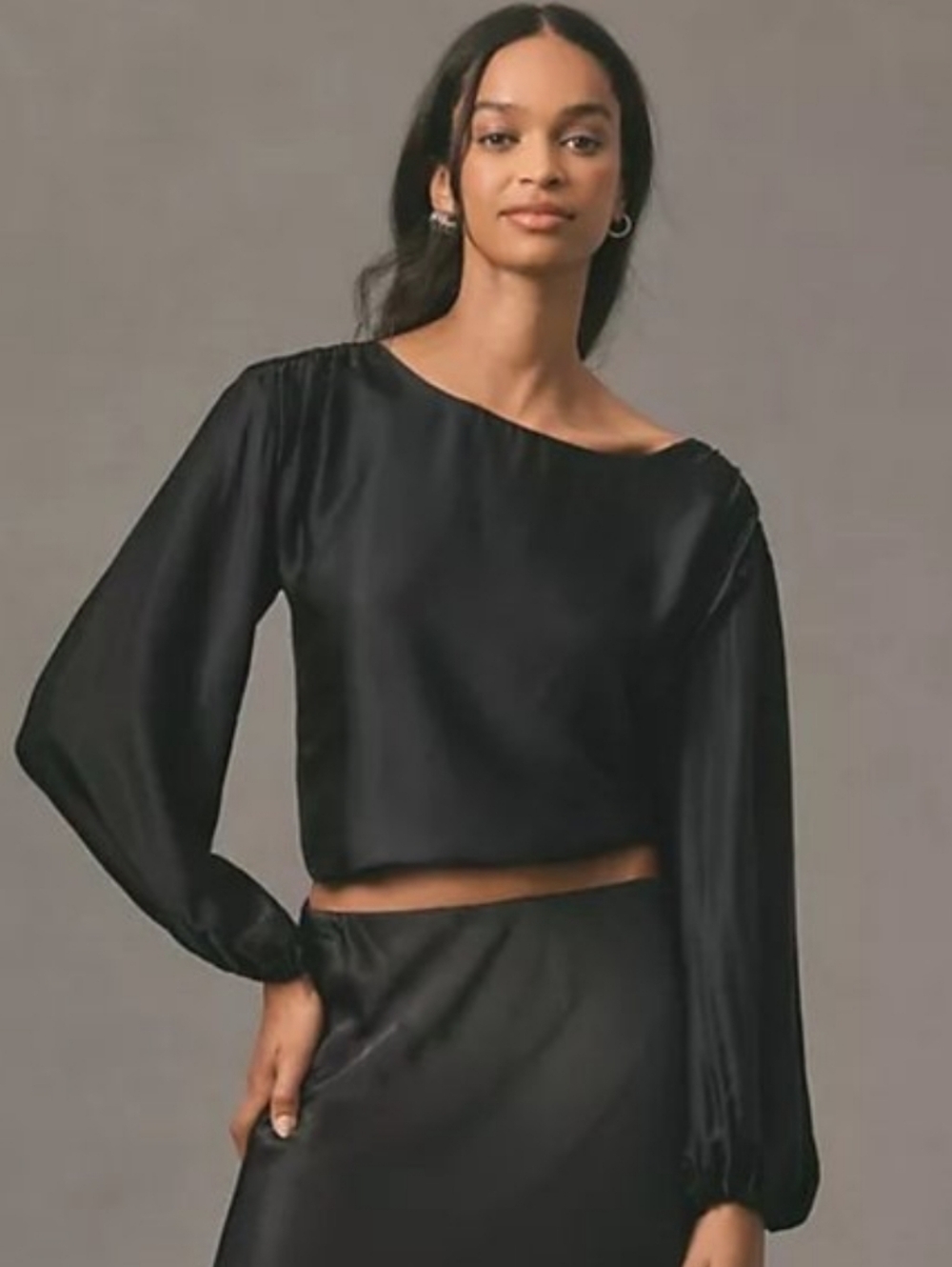 By Anthropologie Balloon Sleeve Silky Blouse Satin Black Size Medium